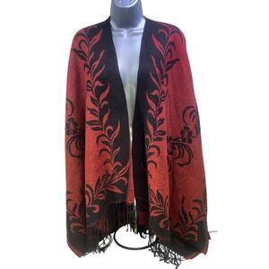 Cashmere Feel Boho Wrap Shawl Reversible Black Red Floral Black Fringe Soft Warm